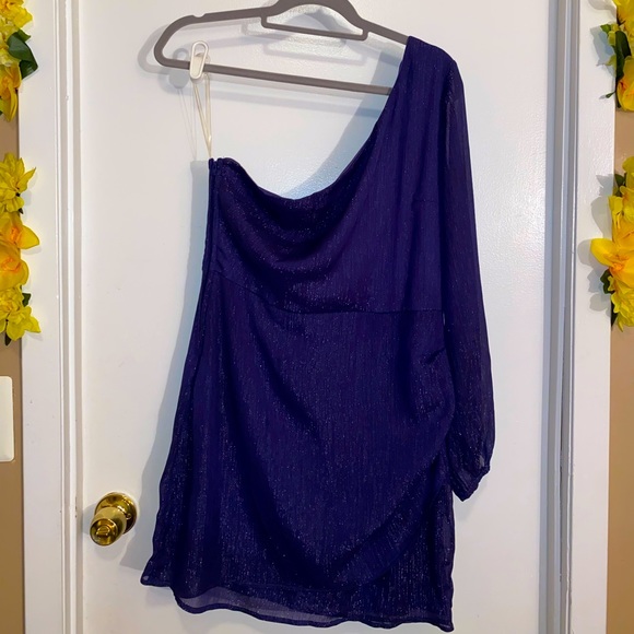 NWT- Charlotte Russe Indigo/Silver One-Shoulder Long Sleeved Dress Size Large - Picture 4 of 8